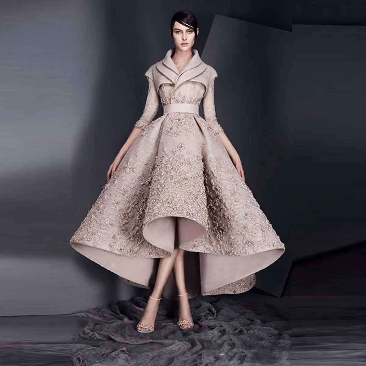 knee length dresses for ladies Chic Elegant Long Sleeves Beaded with Slit Satin Ruched Wedding Dress