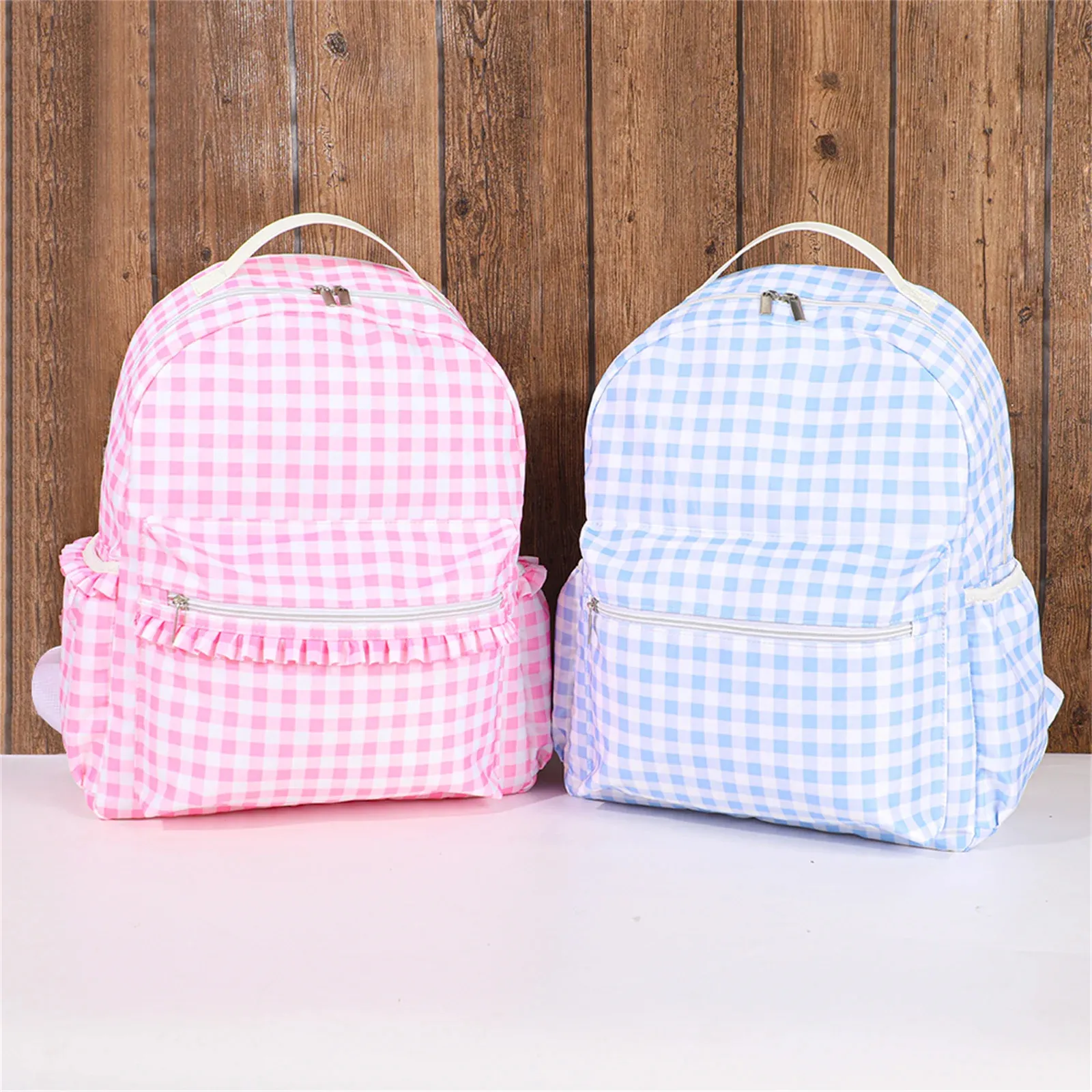 2024Nylon Ruffle Plaid Backpacks for Women Pink/Blue School Bookbags for  Outdoor Travel