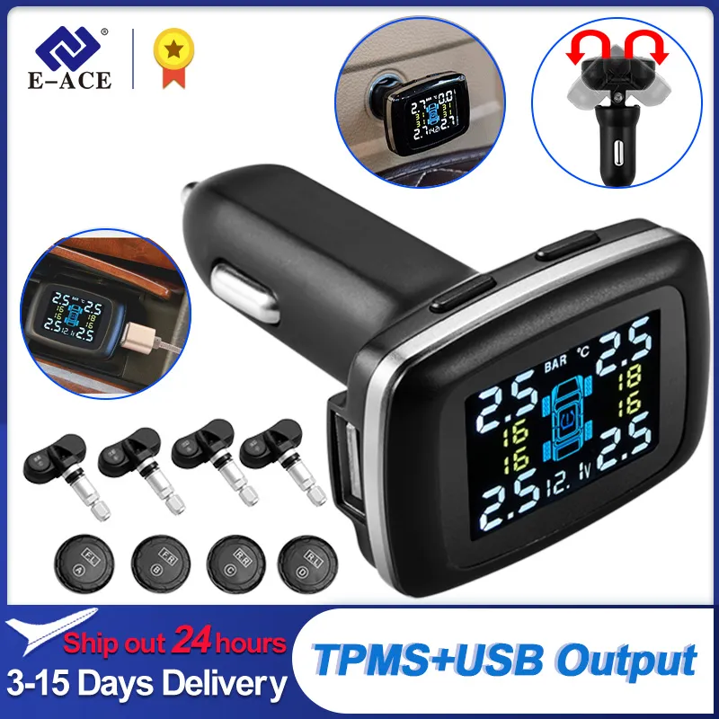 E-ACE Smart Cigarette Lighter CAR TPMS Car Tire Pressure Alarm Monitor  System 4 Sensors Display Tyre Pressure Temperature Alarm