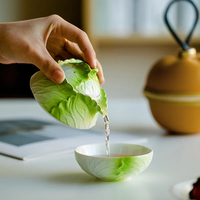 Creative Cabbage Gradient Green Ceramic Tea Set 1 Pot 2 Cups with Carry ...