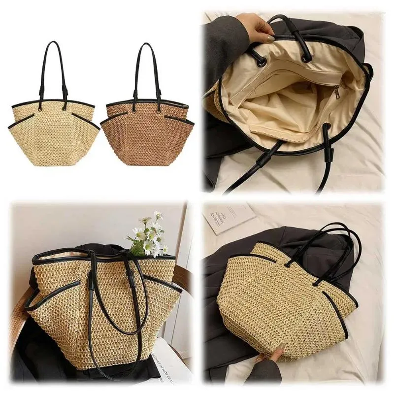 Straw Woven Tote Bag - Large Capacity Shoulder Bag with Multi Pockets ...