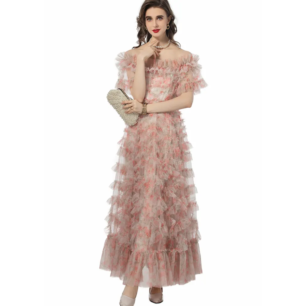 Women #039;s A Line Mesh Dress with Slash Neckline, Short Sleeves, Tiered  Ruffles, Printed Evening Gown Plus Sizes