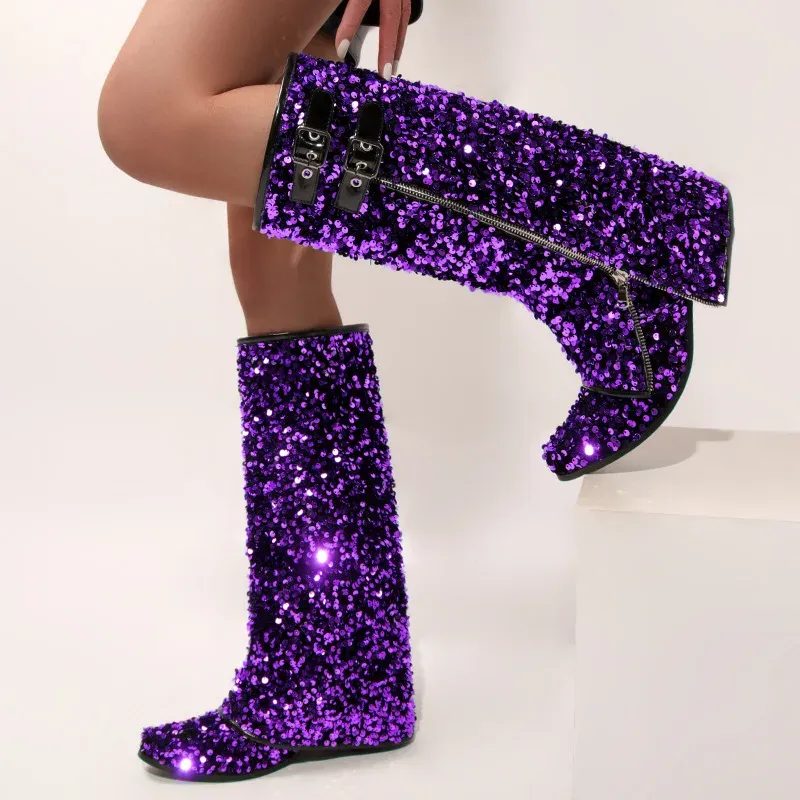 Pink Glitter Sequin Fold Over Cowboy Boots For Women Purple Blue