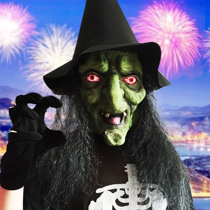 Creepy Green Witch Mask With Hair & Hat - Halloween Costume Mask For Adults