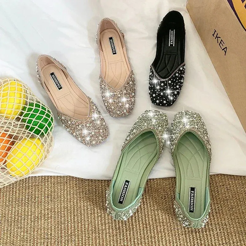 Glitter Crystal Pearl Studs ballet flats for Women - Square Glitter Crystal Pearl Studs ballet flats for Women - Square