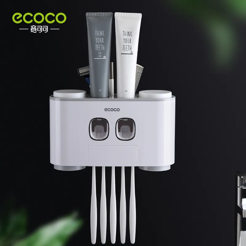 ECOCO Wall Mount Toothpaste Dispenser with Toothbrush Holder and 4 Cups ...
