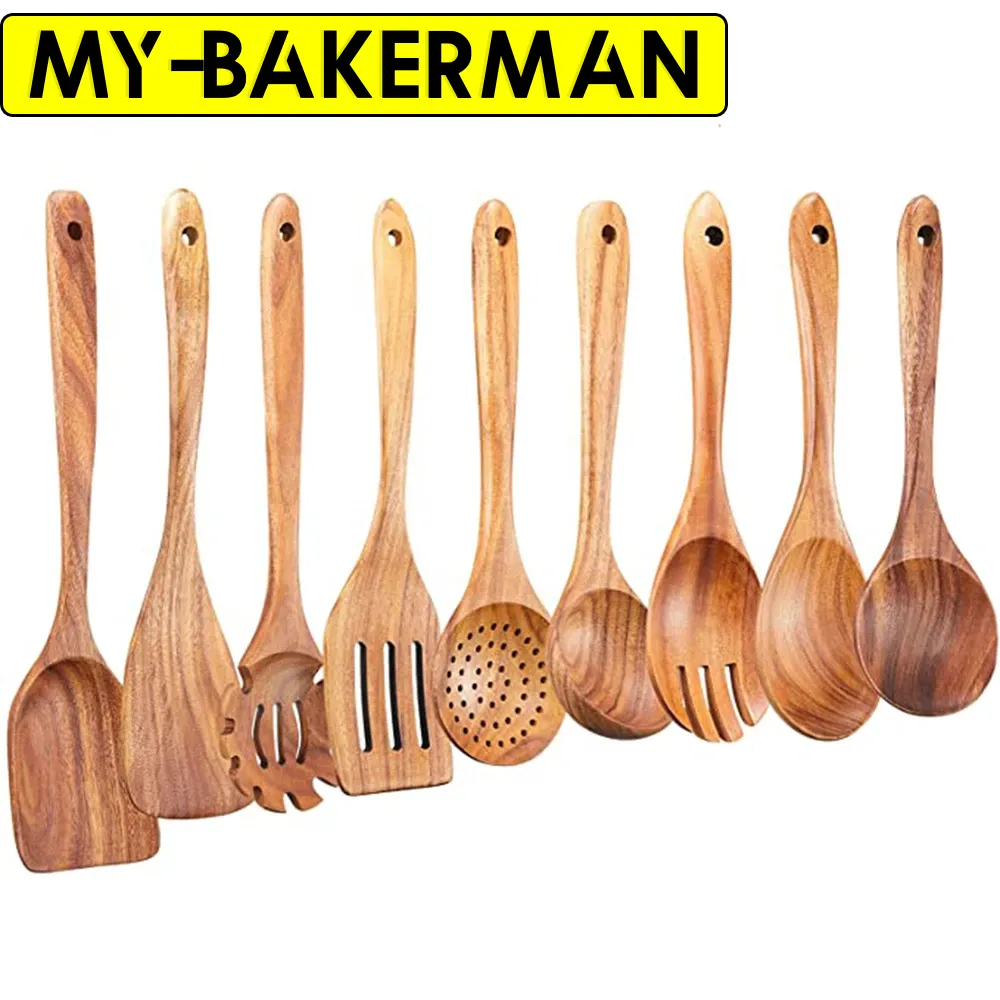 Wooden Spoons For Cooking, Acacia Wood Cooking Utensils Set – 11 Piece Wooden Kitchen Tools With Holder, Spoon Rest, Nonstick Cookware Safe By HOWHONG