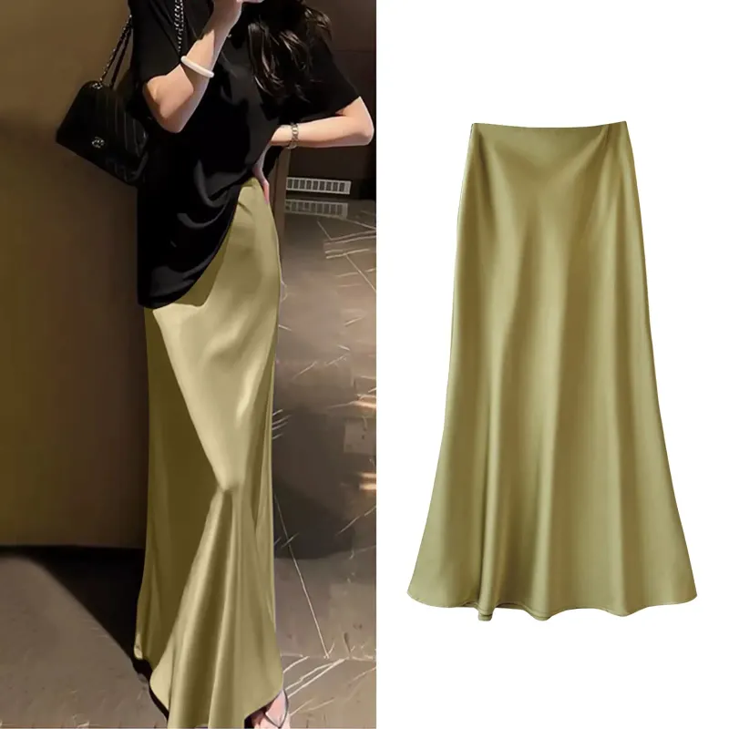Korean Satin Mid-Length A-Line Skirt, Beautiful High Waist