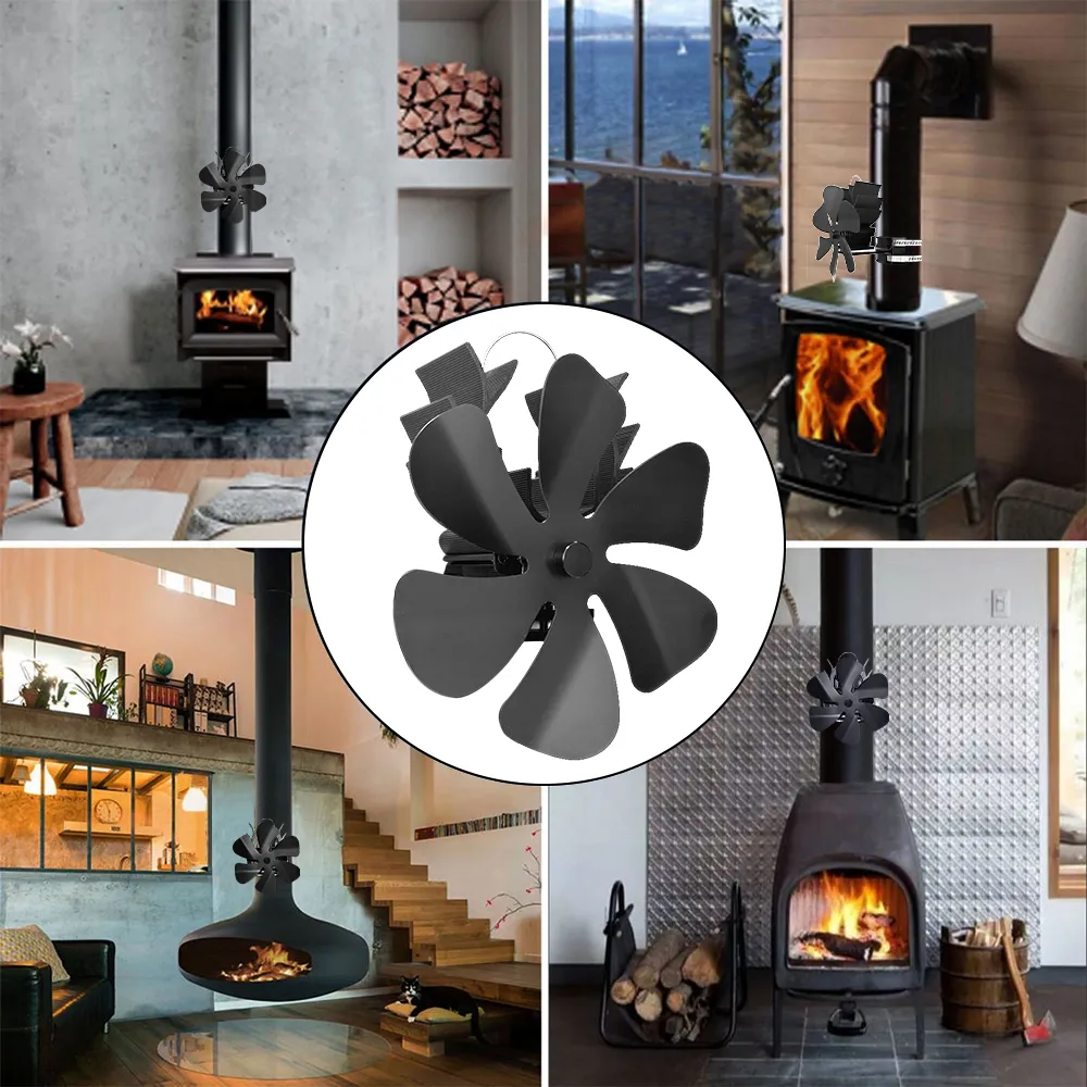 TCFUNDY 6-Blade Heat Powered Wood Stove Fan – Black Stainless Steel, Indoor Fireplace Log Burner Accessory