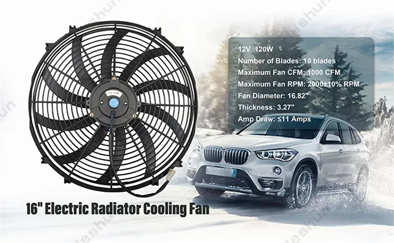 16 Inch Electric Radiator Fan Kit - 12V, 120W, 1000 CFM, Slim Push/Pull Cooling Fan With Mount