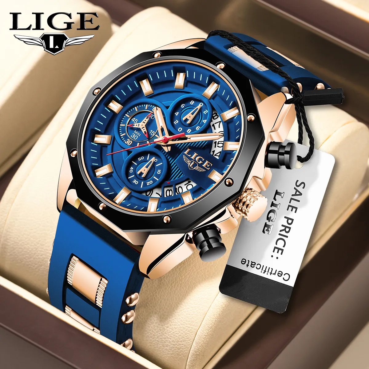Orologi da uomo in acciaio inossidabile blu verde luminoso Gel di silice orologio da polso al quarzo impermeabile immersioni nuoto orologi milari all'aperto