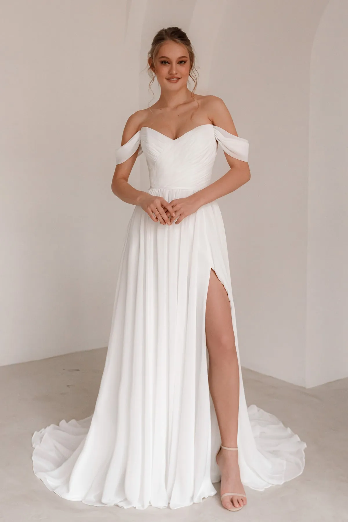 A Line Wedding Dresses with Off Shoulder Sleeves, White Chiffon Pleated Bridal Gowns with Sweep Train and Thigh Split from Dhgate A-Line Wedding Dresses - price 127.54 A Line Wedding Dresses with Off Shoulder Sleeves, White Chiffon Pleated Bridal Gowns with Sweep Train and Thigh Split from Dhgate A-Line Wedding Dresses - price 127.54