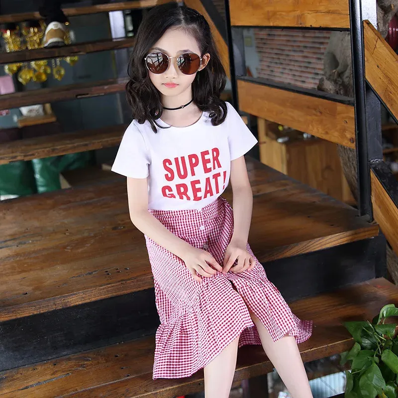 Outfit Estivo Bambini T Shirt In Cotone Set Di Gonna A Quadri 5 13 Anni 2024 Da 8 38 DHgate