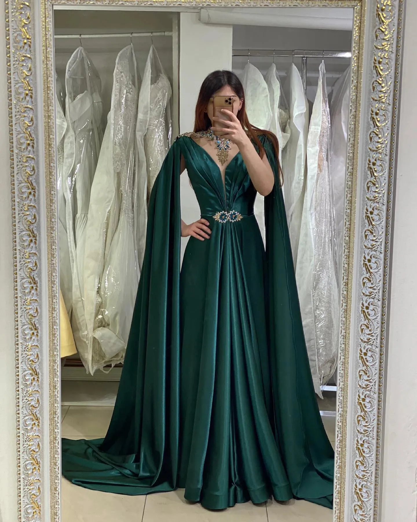 Elegant Arabic Long Evening Dresses Dark Green Cape Sleeves Pleats Empire  Waist Crystals Beaded A-Line Pleats Satin Formal Party Gowns Floor Length  ...