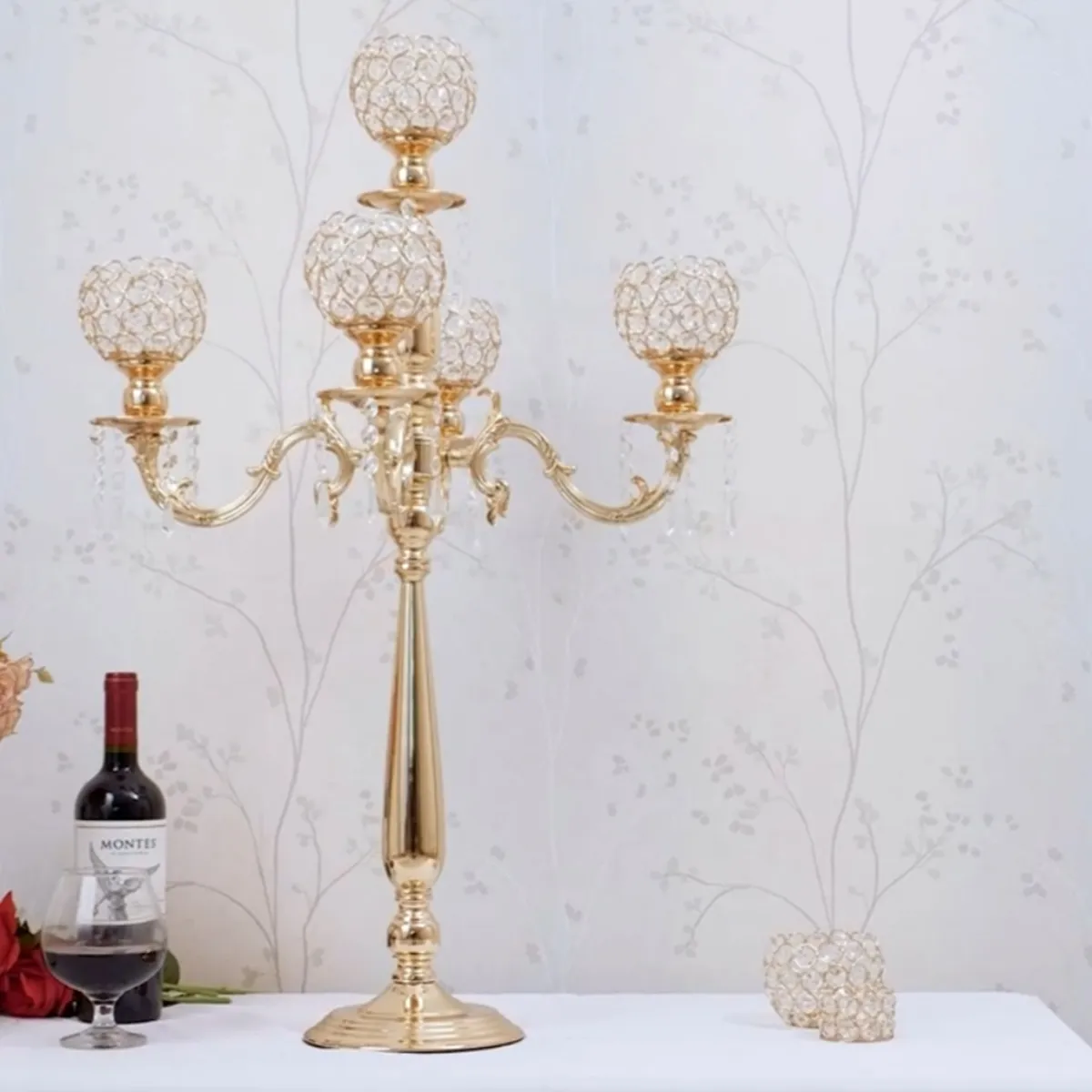 2 Gold Crystal Candelabras – 29.5" Tall 5-Arm Candle Holders For Weddings, Dining, & Decor