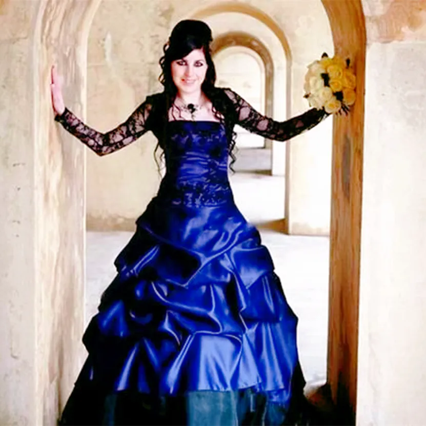 Vintage Royal Blue and Black Gothic Wedding Dress with Lace Jacket, Ruched Long Train, and Satin Fabric - Plus Size Bridal Gown Vintage Royal Blue and Black Gothic Wedding Dress with Lace Jacket, Ruched Long Train, and Satin Fabric - Plus Size Bridal Gown