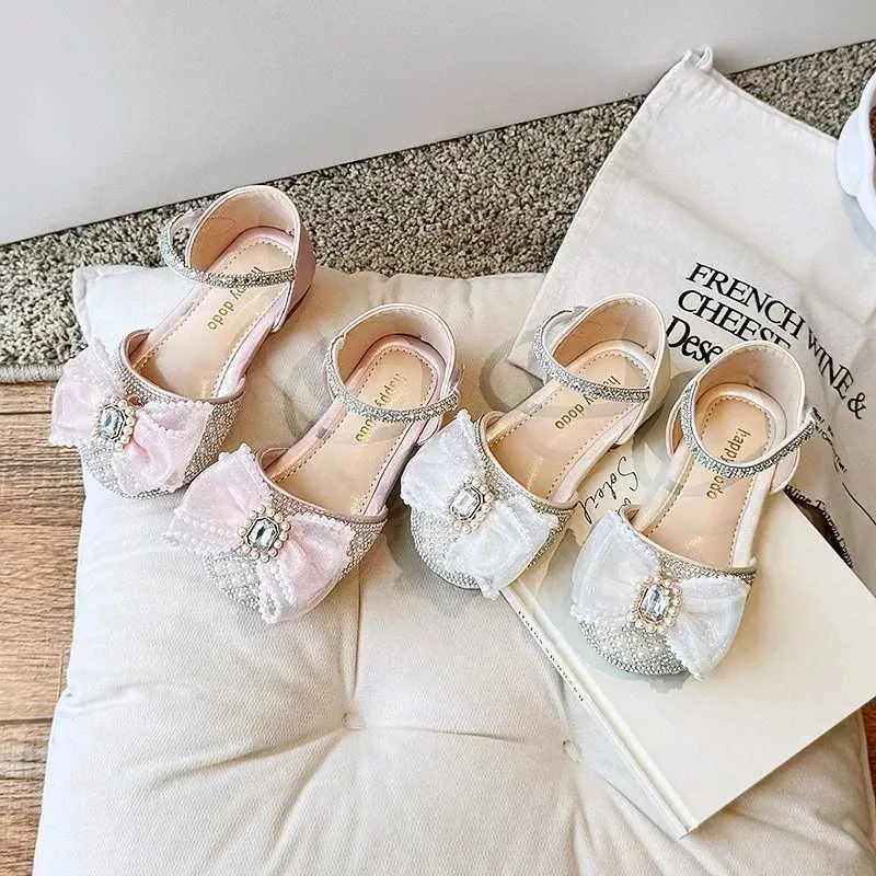 Girls Flat Shoes, Half Shoes, Kids Toes Capped Princess Sandals with Bowknot, Rhinestone Pearls Fashion Performance Shoes for Children, 2024 New