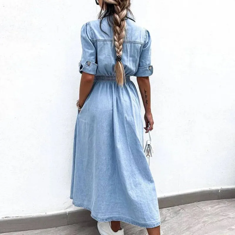 Denim Dress Blue Shirtwaist Dress Office Denim Dress Floor-Length Short  Sleeve Women Elastic Waist