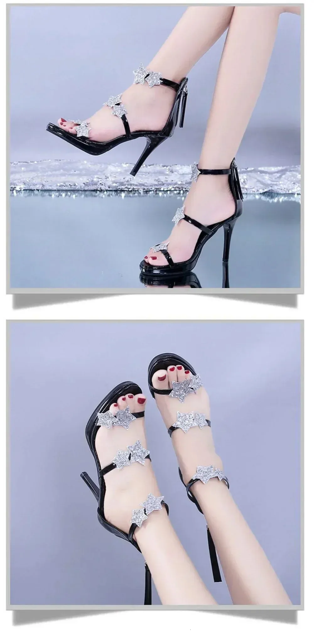 Elegant Glitter Star Heart Pattern Women's High Heel Party Sandals_voghion.com