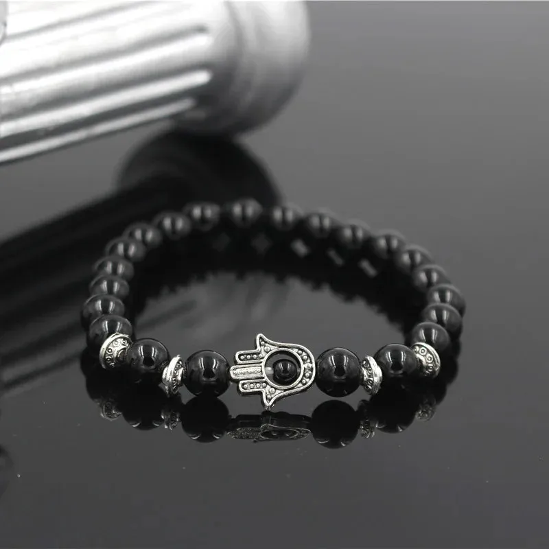 Hamsa Charm Lava Stone Bead Elastic Bracelet For Men Antique Gold_voghion.com