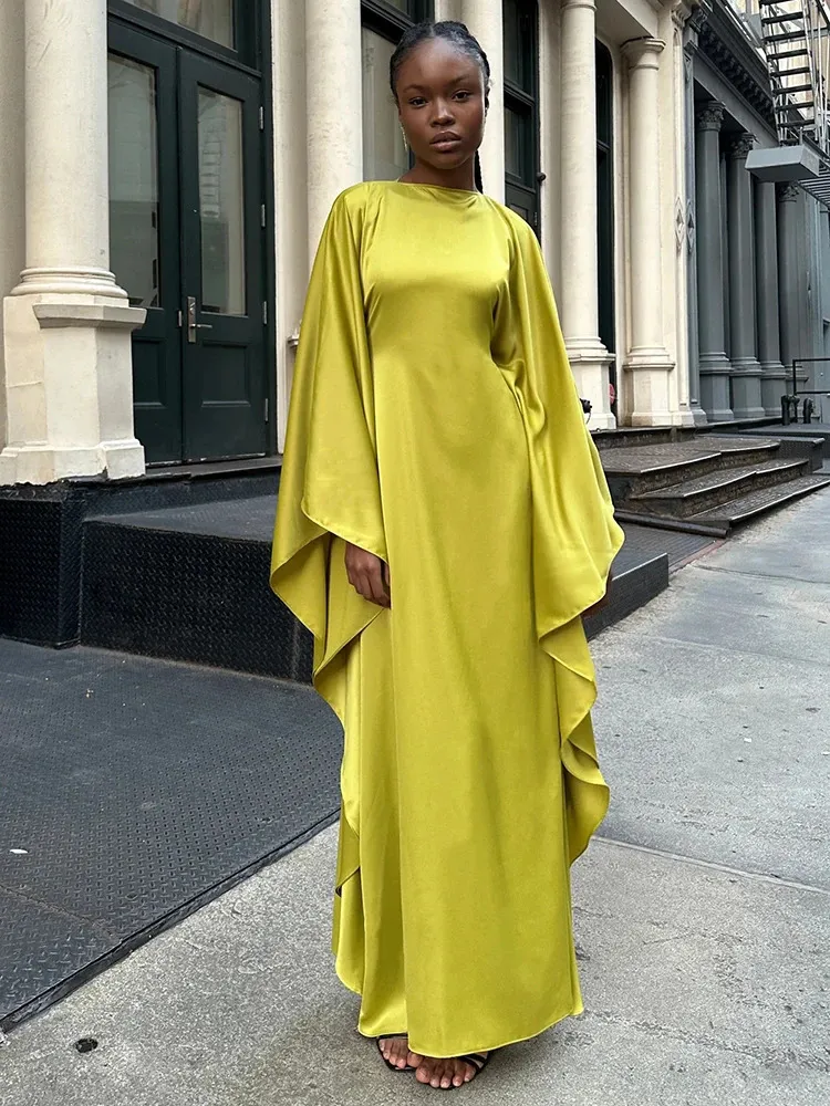Amber Glow Mustard Maxi Dress Long Sleeve Satin Cloak Long Sleeve