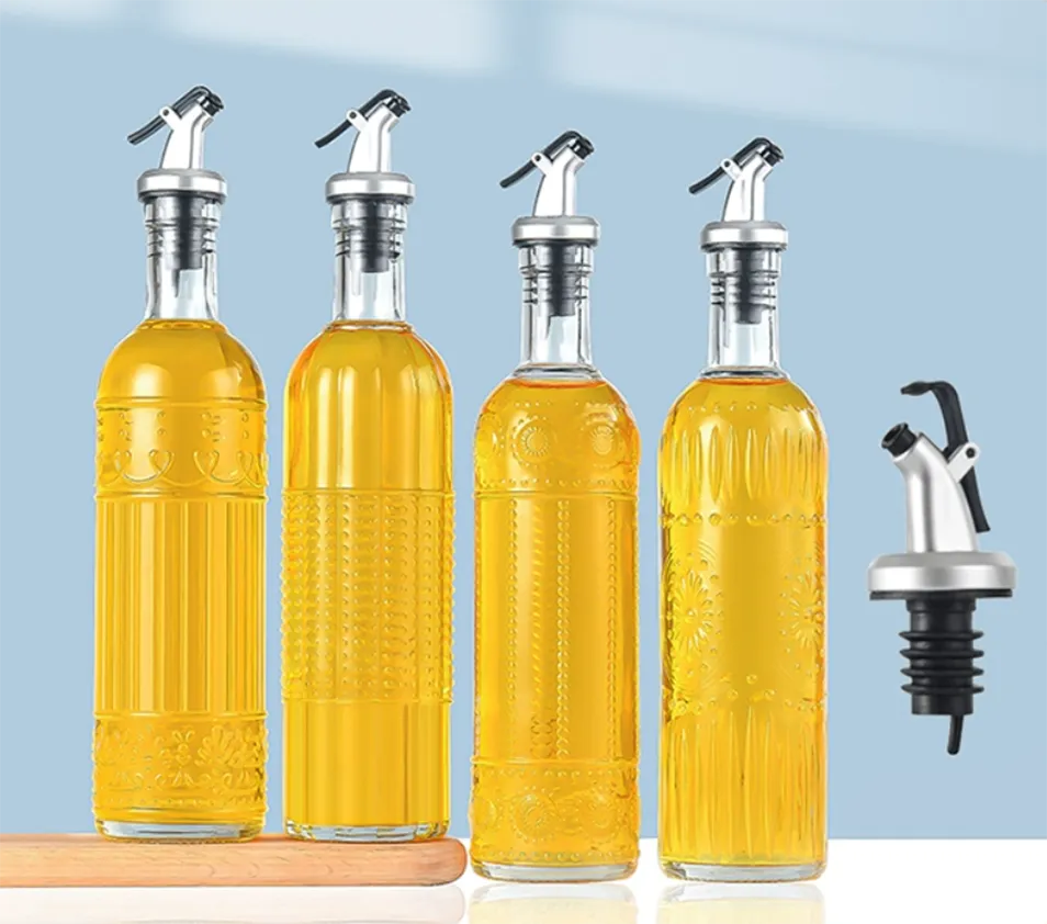 3-Pack Glass Oil Dispensers 17oz With Stainless Steel Pourers - Complete Kitchen Bottle Set