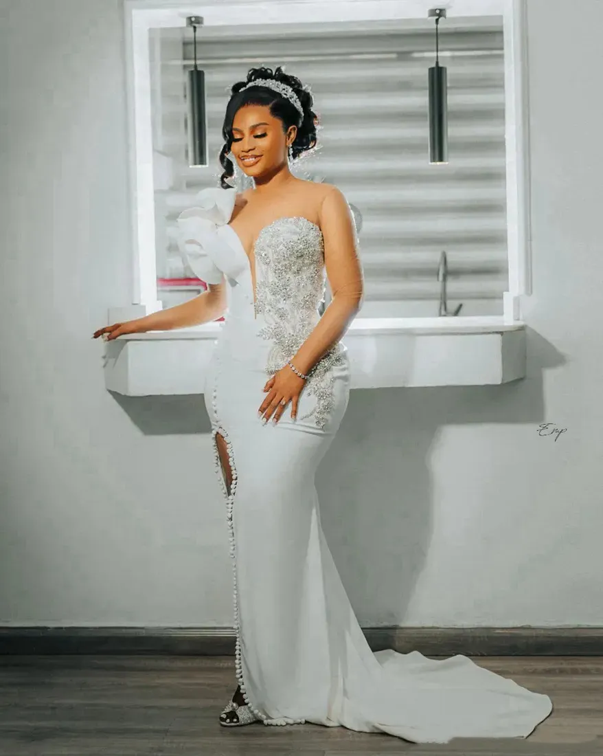 Wedding Dresses Mermaid Style Sheer Neck Mermaid Wedding Gown with Long  Sleeves, Side Split, Crystal Beading - Elegant Formal Reception Dress