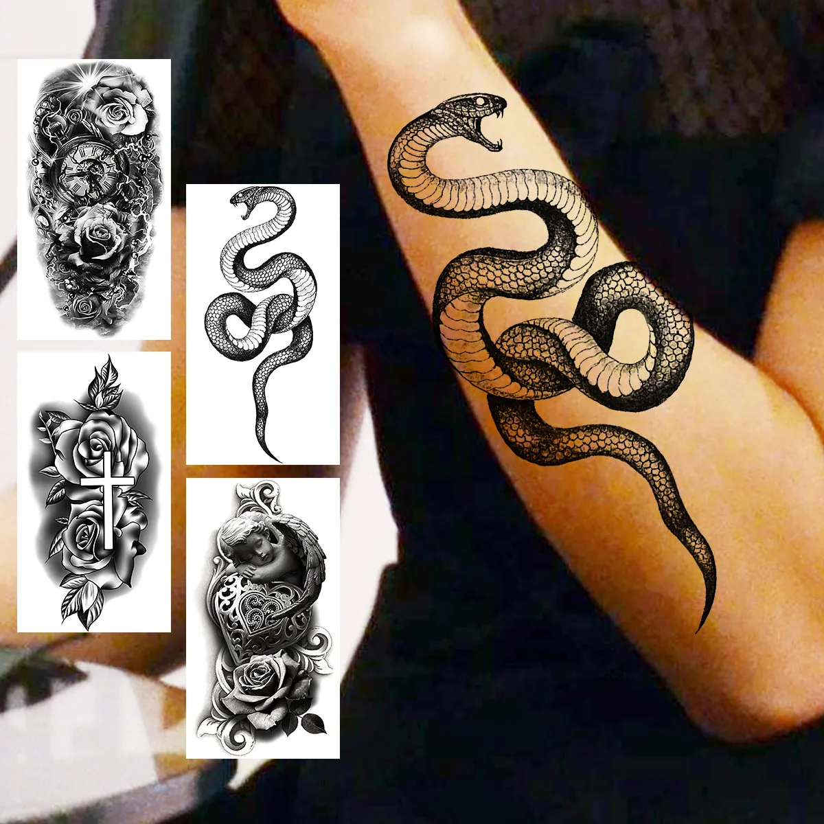 Tatuaggi Temporanei Da Corpo In Effetto Realistico Serpente Nero Con Croce E  Fiore Adatti Donna Da 18,39 € | DHgate, image size:1200x1200