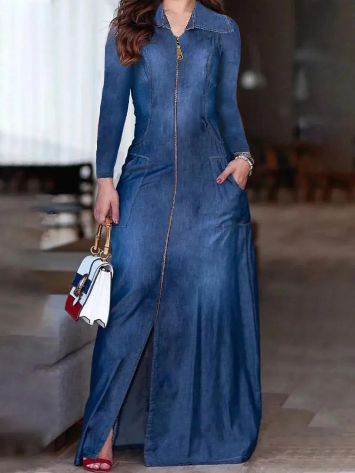 Women's Spring Denim Maxi Dress: Chic Zipper Pocket Vintage A-line Fashion  Dress