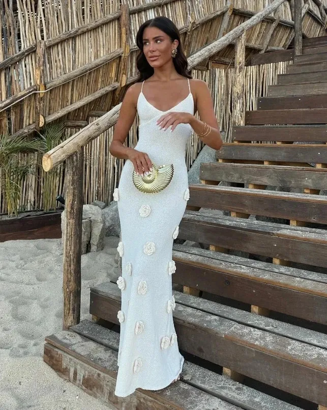 Embroidered Knitted Long Skirt Sexy White dress for Women - Perfect for Beach Vacation and Cute and Sexy Design - Slim Fit Fitting for Females (240627