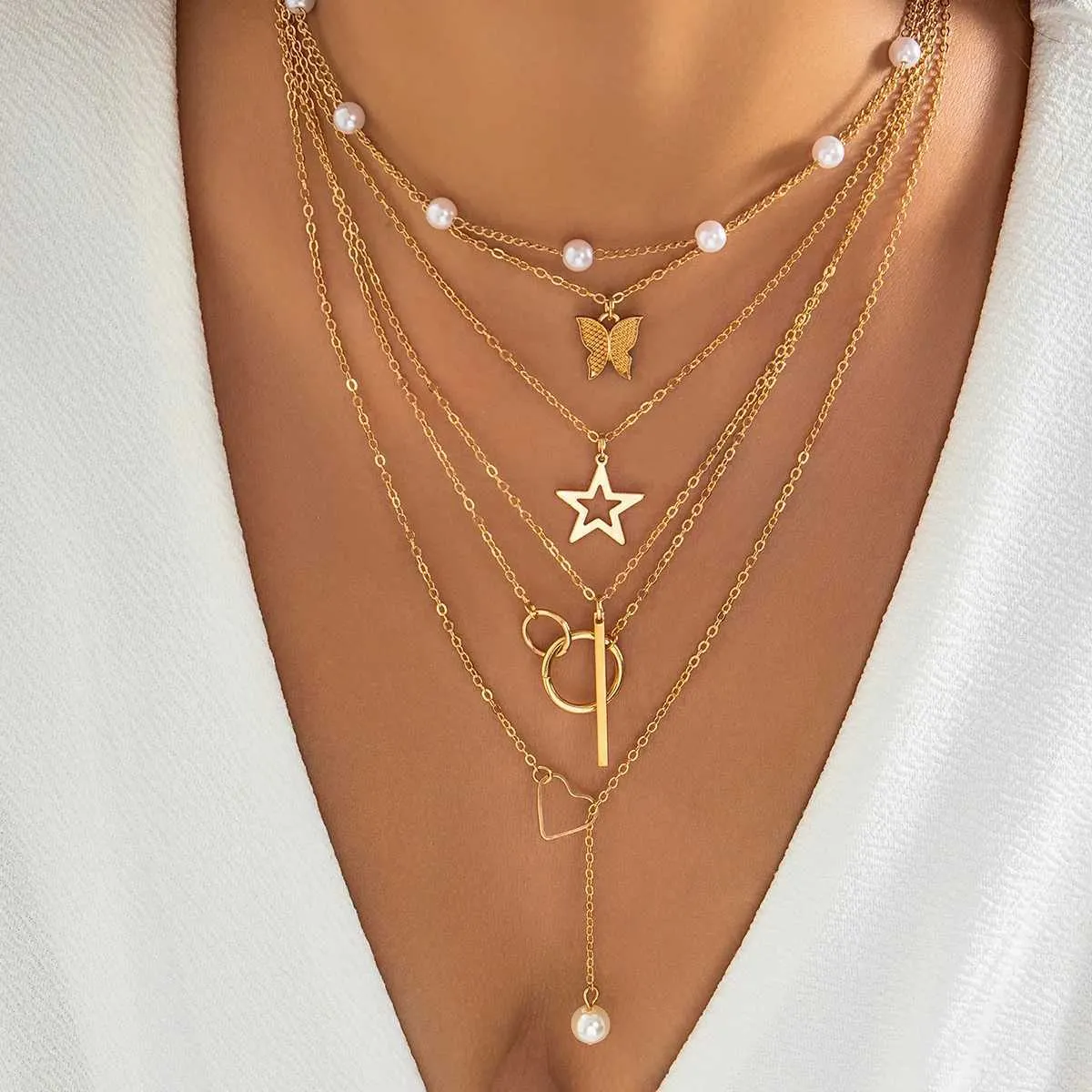 Geometric Pearl Multilayer Pendant Necklace for Women: Vintage Gold Color  2024 Jewelry Trend