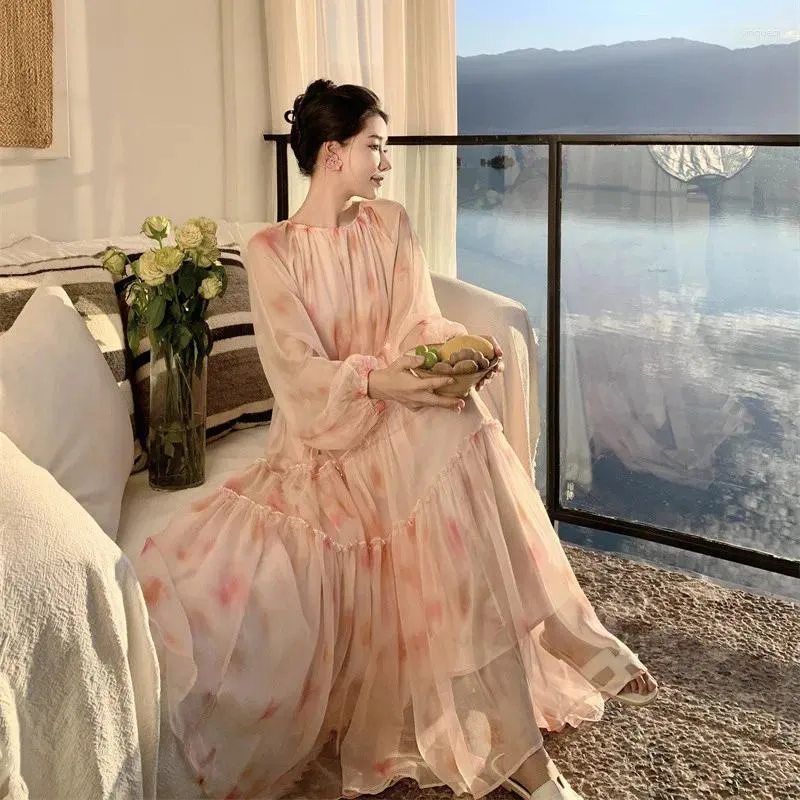 Casual Women's Long Chiffon Maxi Dress Oversized O Neck Sleeve Flower Print  Lace Up Boho Summer from Dhgate Basic & Casual Dresses