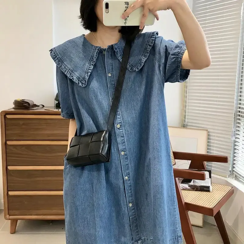 Summer Doll Collar Denim Denim Pinafore Dress - Korean Style, Loose Fit, Short Sleeves, Cute Midi Design (240629)