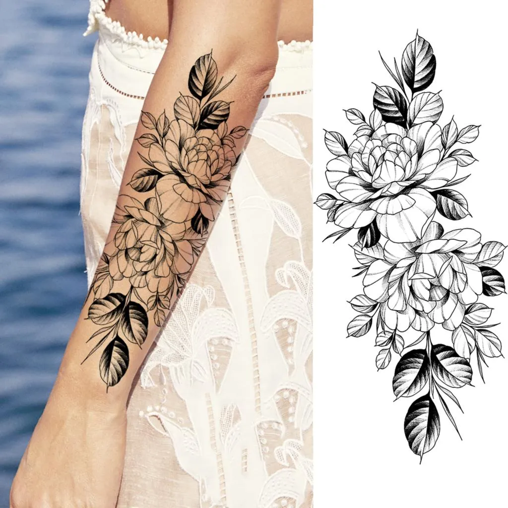 Black Peony Flower Temporary Tattoos for Women Adult Girl Rose Daisy  Waterproof Half Sleeve Body Art Painting from Dhgate Airbrush Tattoo  Supplies - price 20.95, image size:1024x1024