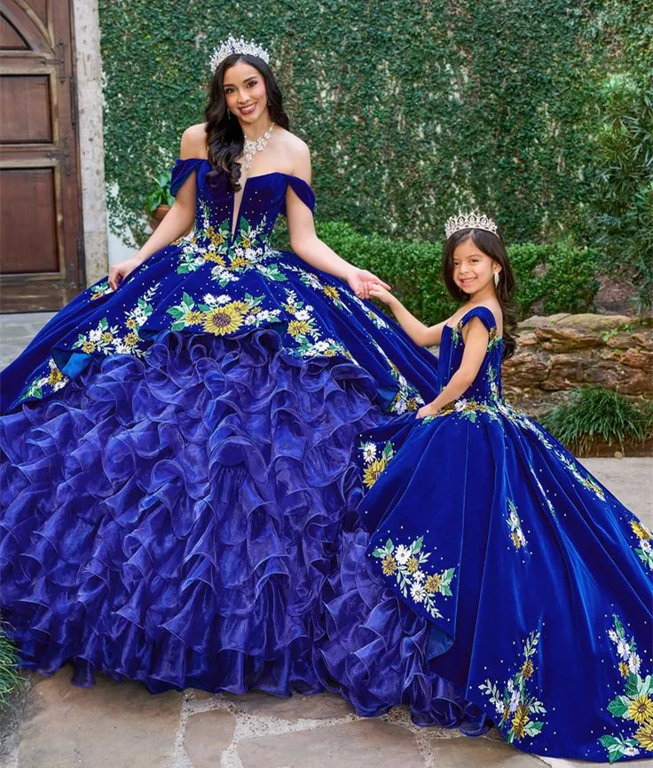 Sunflowers Embroidery Ball Gown Quinceanera Dresses Ruffles Tiered