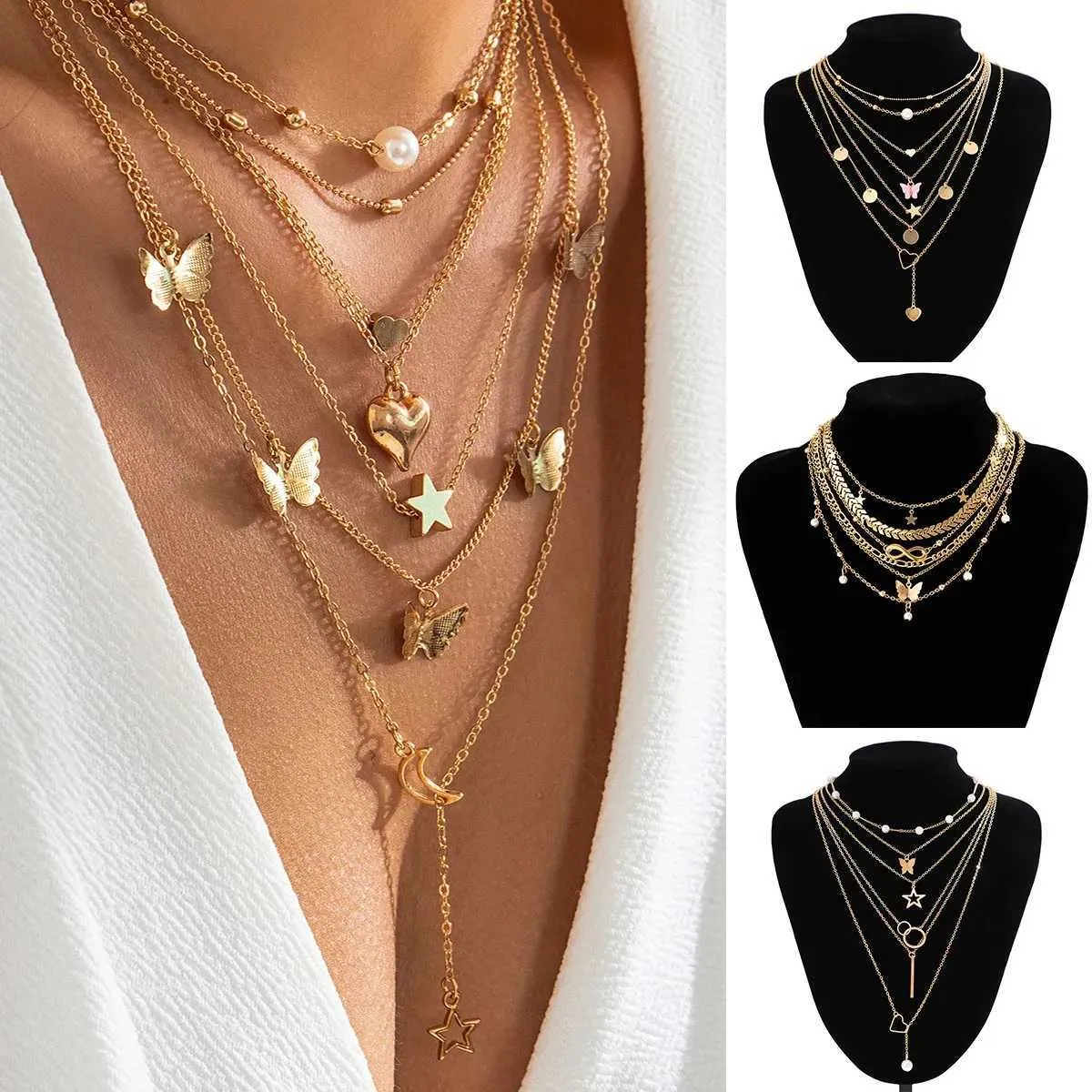 DHgate.com:Geometric Pearl Multilayer Pendant Necklace for