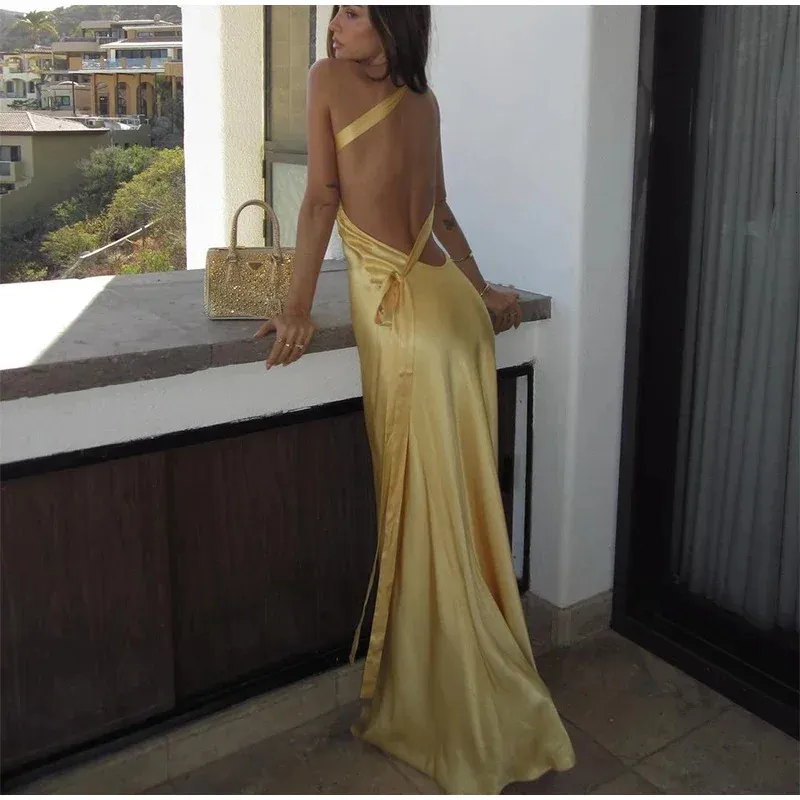 Yellow Satin Backless Lace-Up Strapless Long Dress for Ladies Party and  Club Summer from Dhgate Basic & Casual Dresses - price 23.01
