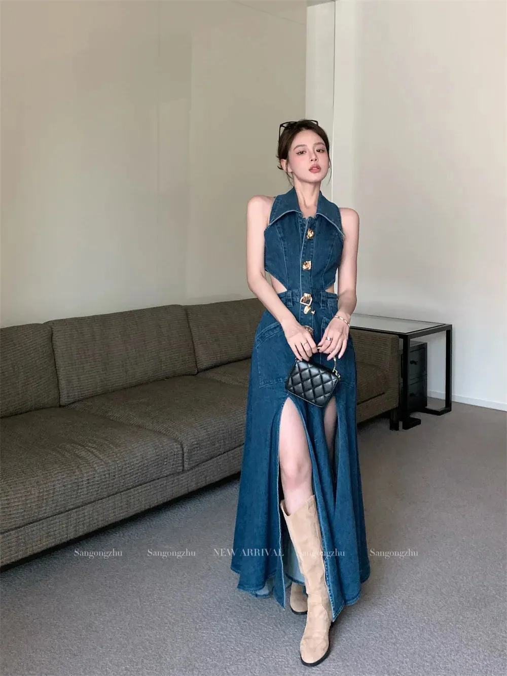 denim chiffon maxi dress Lulus Dress XS Chiffon Denim Blue Maxi
