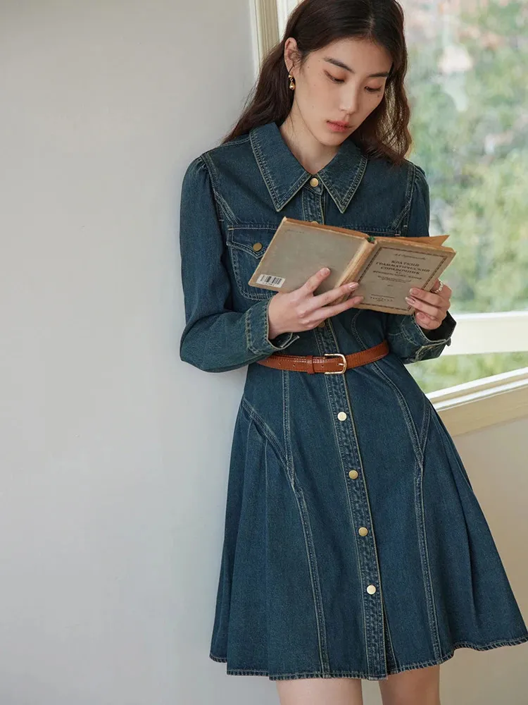 DUSHU Retro Denim Dress for Women Floor-Length A-line Pleated Skirt Short  Sleeve Chiffon from Dhgate Basic & Casual Dresses - price 158.38