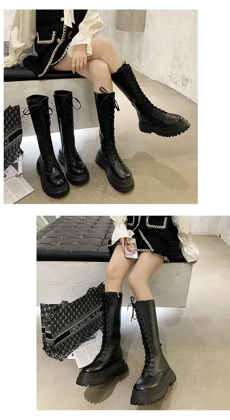 Chunky Platform PU Leather Knee High Boots Lace Up... From Factory ...
