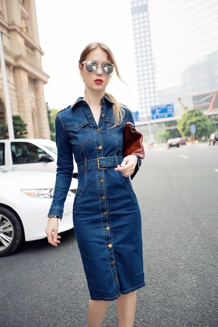 Winter Office Womens Slim Fit Jeans Denim Midi Dress With Belt Long Sleeve Mid Cuff Denim Denim Midi Dress From Pu02 30.46 DHgate.Com