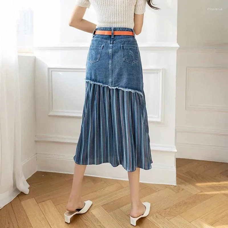S-5XL Patchwork Jeans Skirts: High-Waist Pleated Denim for Elegant