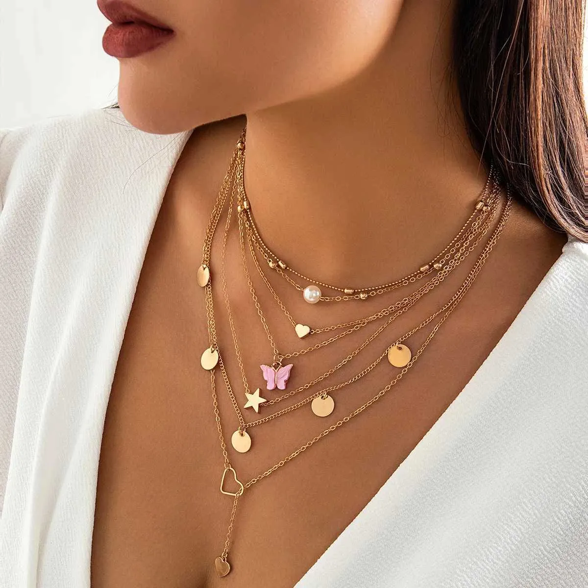 Pearl Mix Malti Chain Necklace（Gold） 14k Gold Plated Adjustable Freshwater Pearl Mixed Link Chain