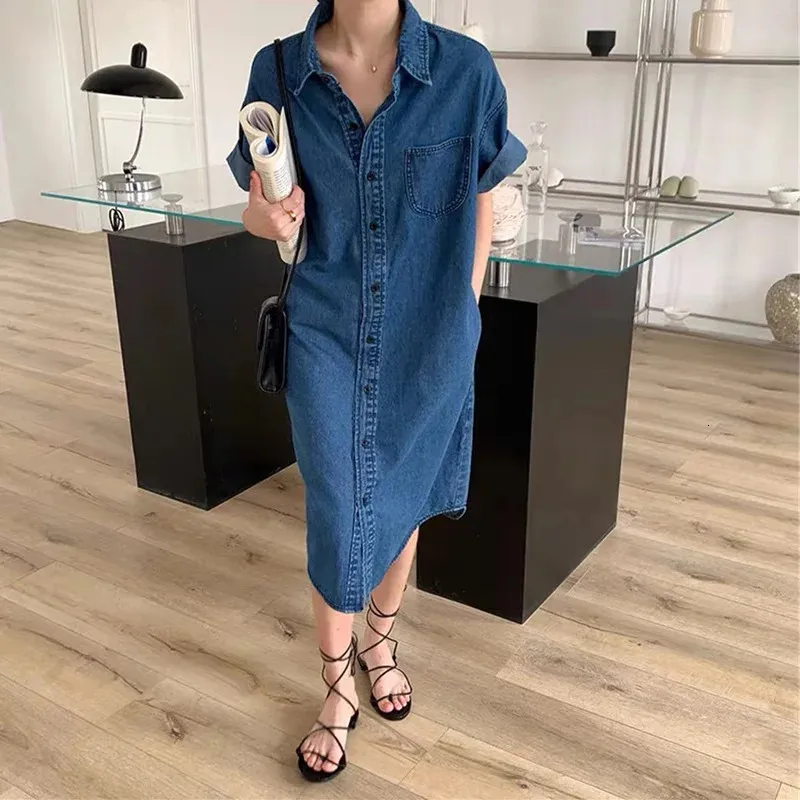 Save Big on Bulk Summer Denim Midi Dress Ladies Denim Summer Dresses: Blue  Denim Midi Dress With Button Up Front, Short Sleeves, And Pockets Perfect 