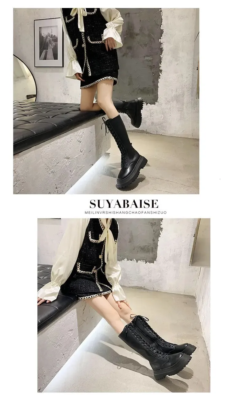 Chunky Platform PU Leather Knee High Boots Lace Up... From Factory ...