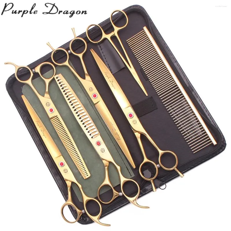 Purple Dragon 8 Japanese 440C Chunker Dog Grooming Scissors Set Curved Shears Thinning Kit for Puppies Pets