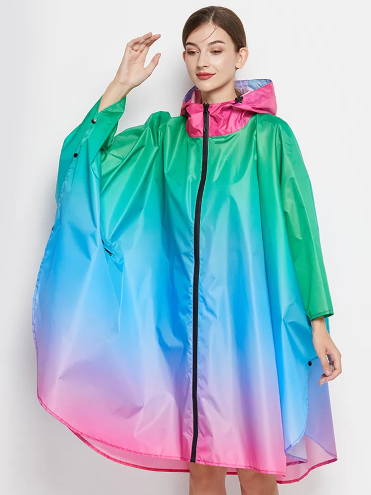 Gradient Color Rain Poncho with Waterproof Hood for Outdoor