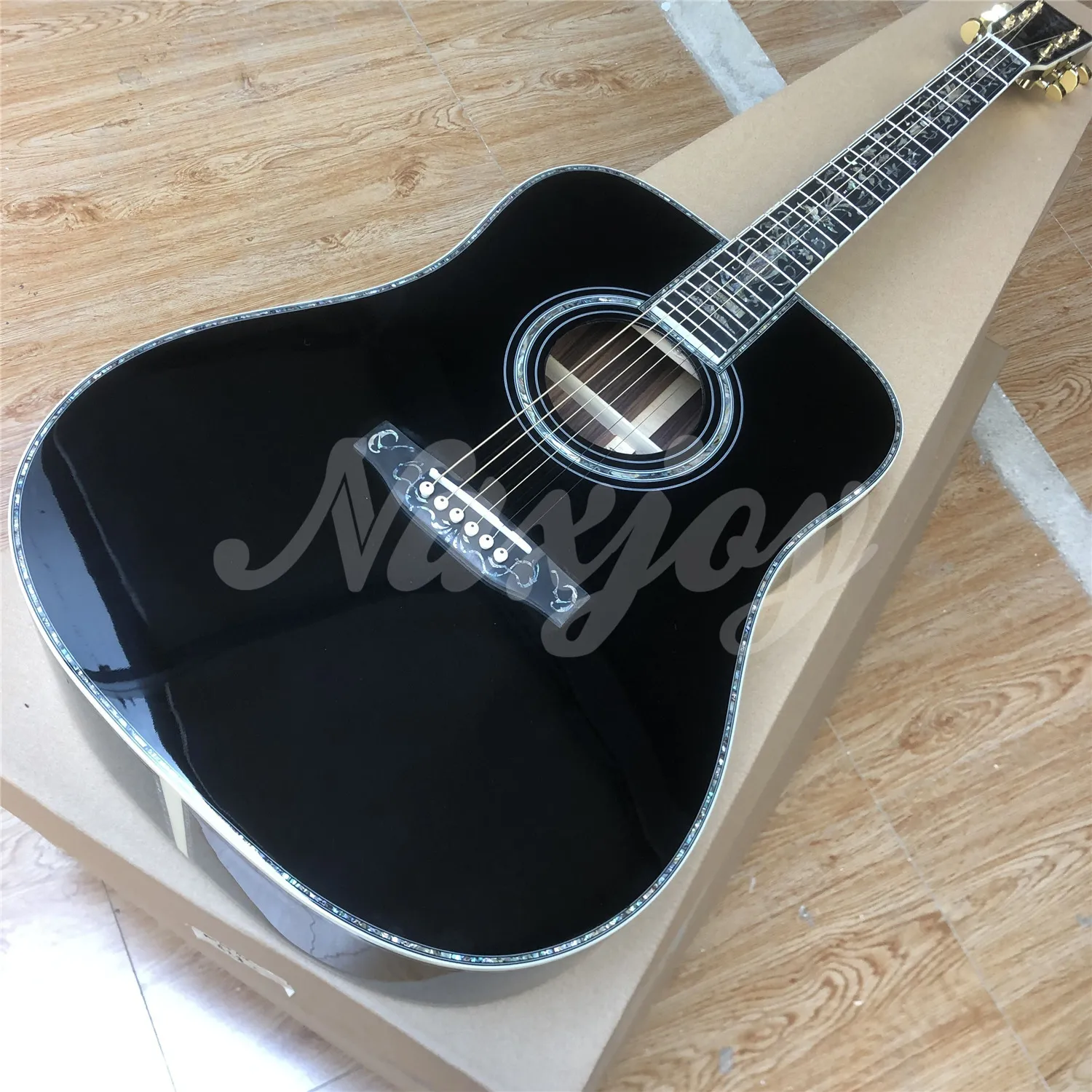 Black Solid Spruce D-Type restringing acoustic guitar Inlays
