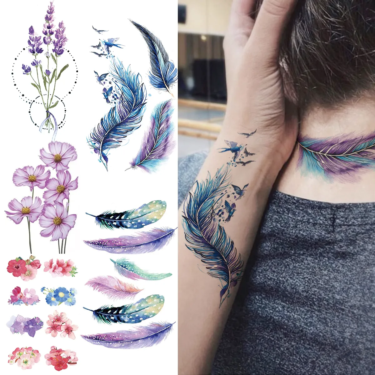Penas Pequenas Pássaros Tatuagens Temporárias Para Mulheres Flores De  Lavanda Adulta Tattoo Tattoo Tatado Tatoos À Prova Dágua Pintados De  Ddmymay, $126,38 | DHgate, image size:1200x1200