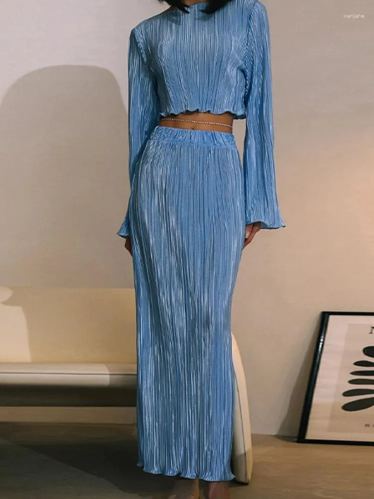 Womens Pleated Skirt Set: Casual Flare Sleeve Ruffle Crop Top